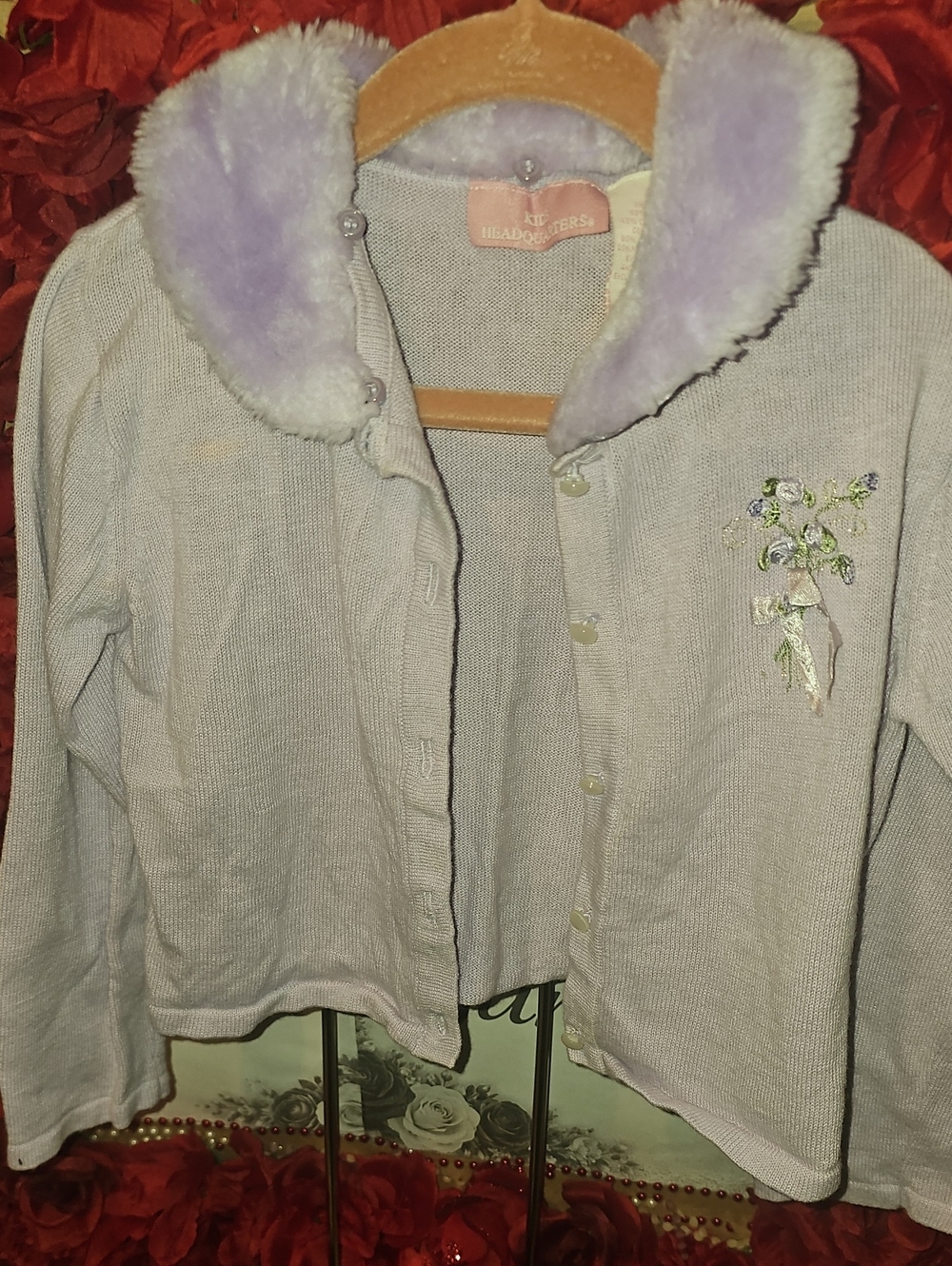Kids Headquarter Girls Lavender Faux-Fur Collar Sweater w Satin Floral Size 5